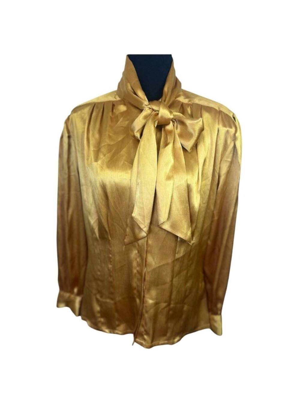 Vintage Laura Scott Sz 10 Gold Blouse Bow Neck Satin Button Up 70s Secretary